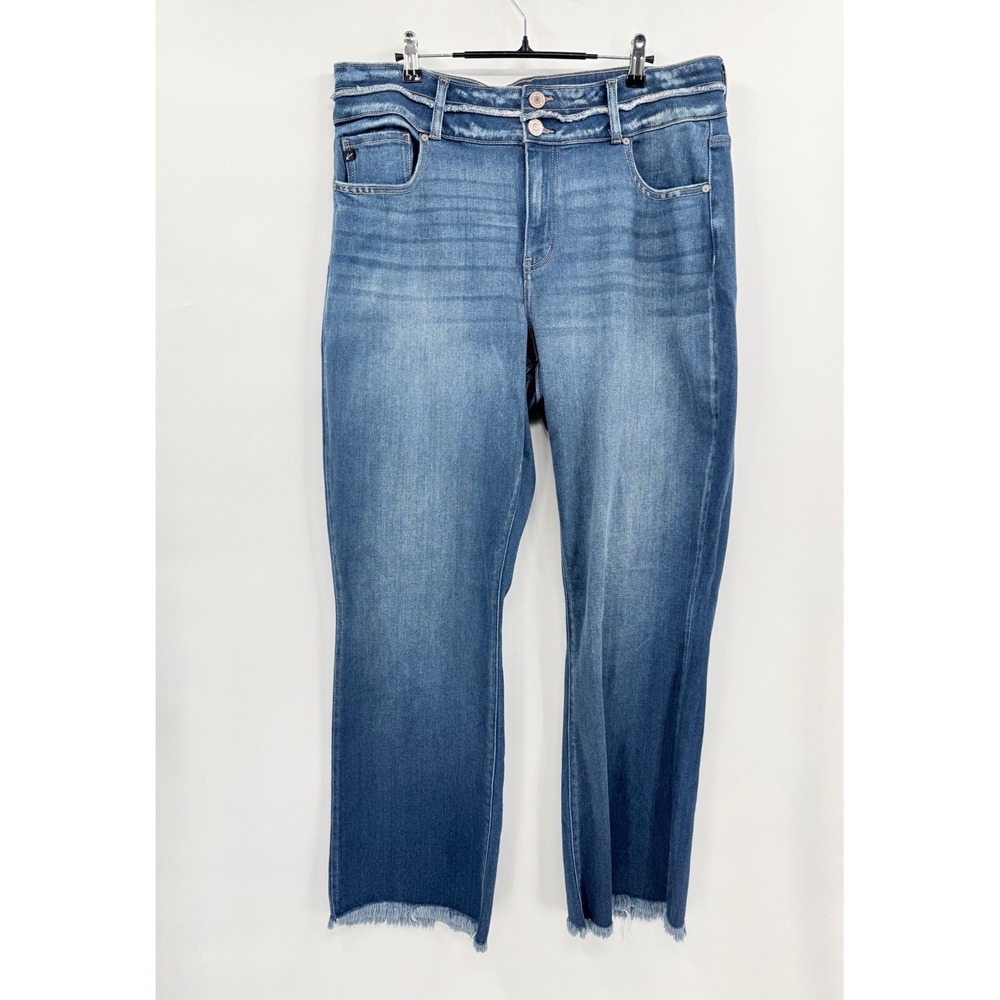 KanCan 19 Straight Leg Jeans Womens Blue Medium Wash Raw Hem Double Button High